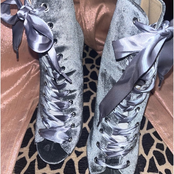 Velvet gray/silver/pewter with a Gray satin ribbon lace up high pump booty. - Picture 3 of 14